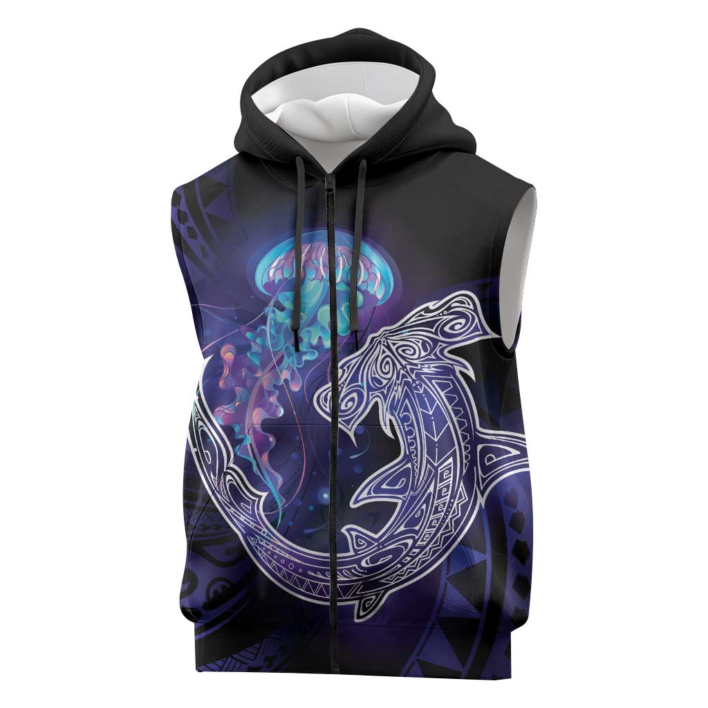Polynesian Aumakua Sleeveless Zip Hoodie Jellyfish with Shark LT7 Teal Purple - Polynesian Pride