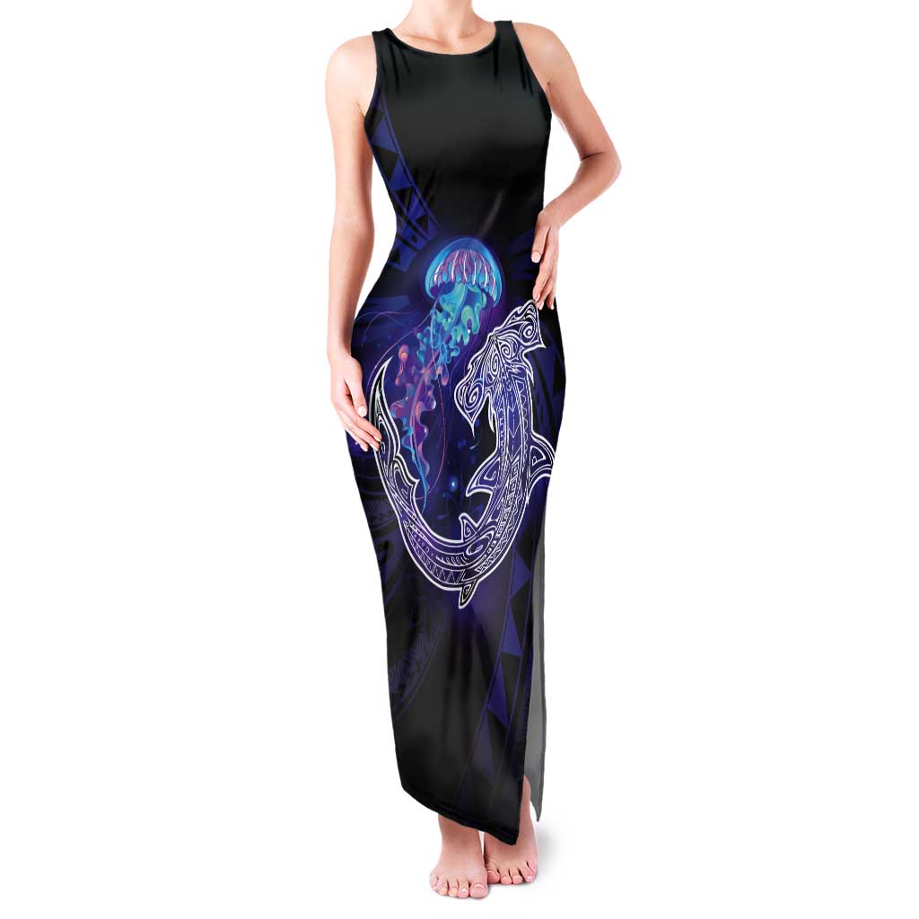 Polynesian Aumakua Tank Maxi Dress Jellyfish with Shark LT7 Women Teal Purple - Polynesian Pride