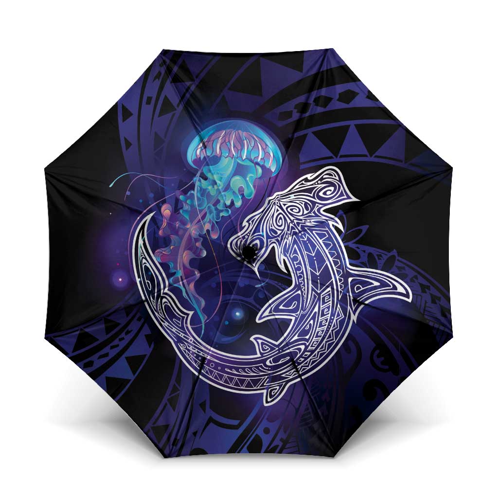 Polynesian Aumakua Umbrella Jellyfish with Shark LT7 One Size Folded 11.42 inch Opened Diameter 37.4 inch Teal Purple - Polynesian Pride