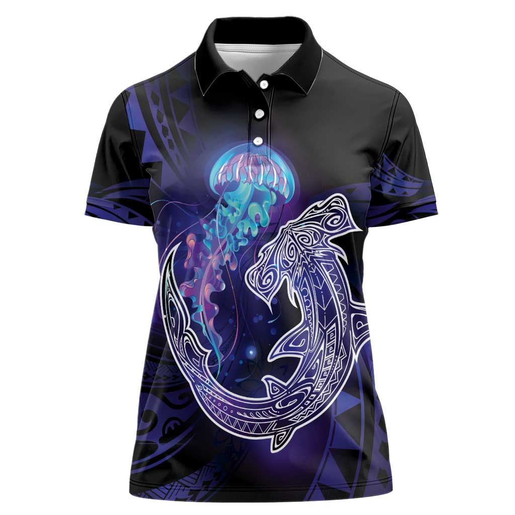 Polynesian Aumakua Women Polo Shirt Jellyfish with Shark LT7 Female Teal Purple - Polynesian Pride