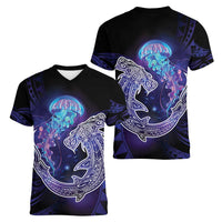 Polynesian Aumakua Women V-Neck T-Shirt Jellyfish with Shark - Polynesian Pride