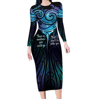 Aotearoa Maori Te Whai Rahi Family Matching Long Sleeve Bodycon Dress and Hawaiian Shirt Tala - Nowhere You Could Go That I Won't Be With You LT7 Mom's Dress Teal Purple - Polynesian Pride