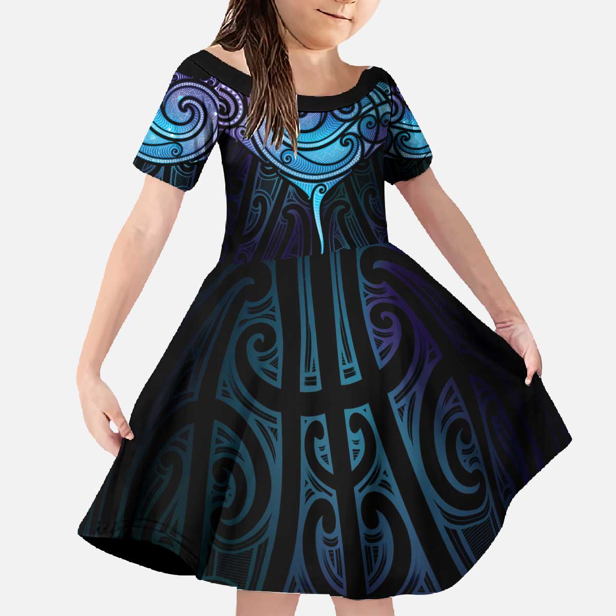 Aotearoa Maori Te Whai Rahi Family Matching Off The Shoulder Long Sleeve Dress and Hawaiian Shirt Tala - Nowhere You Could Go That I Won't Be With You LT7 Daughter's Dress Teal Purple - Polynesian Pride
