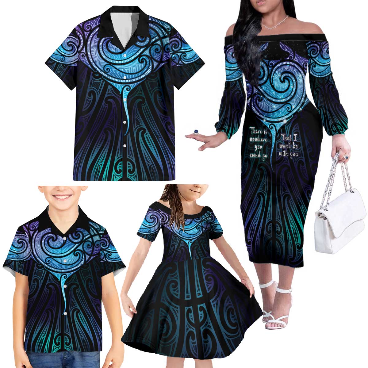 Aotearoa Maori Te Whai Rahi Family Matching Off The Shoulder Long Sleeve Dress and Hawaiian Shirt Tala - Nowhere You Could Go That I Won't Be With You LT7 - Polynesian Pride