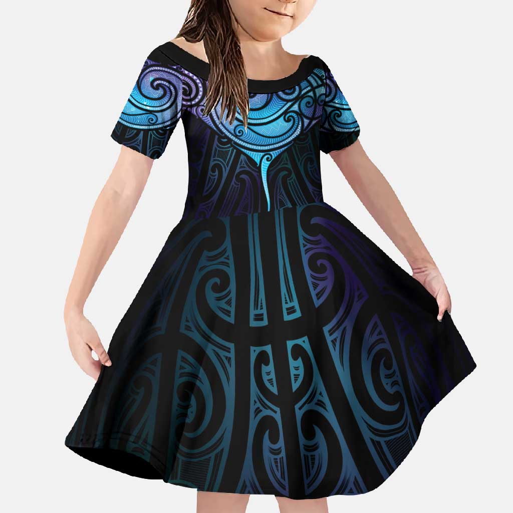 Aotearoa Maori Te Whai Rahi Family Matching Off Shoulder Maxi Dress and Hawaiian Shirt Tala - Nowhere You Could Go That I Won't Be With You LT7 Daughter's Dress Teal Purple - Polynesian Pride