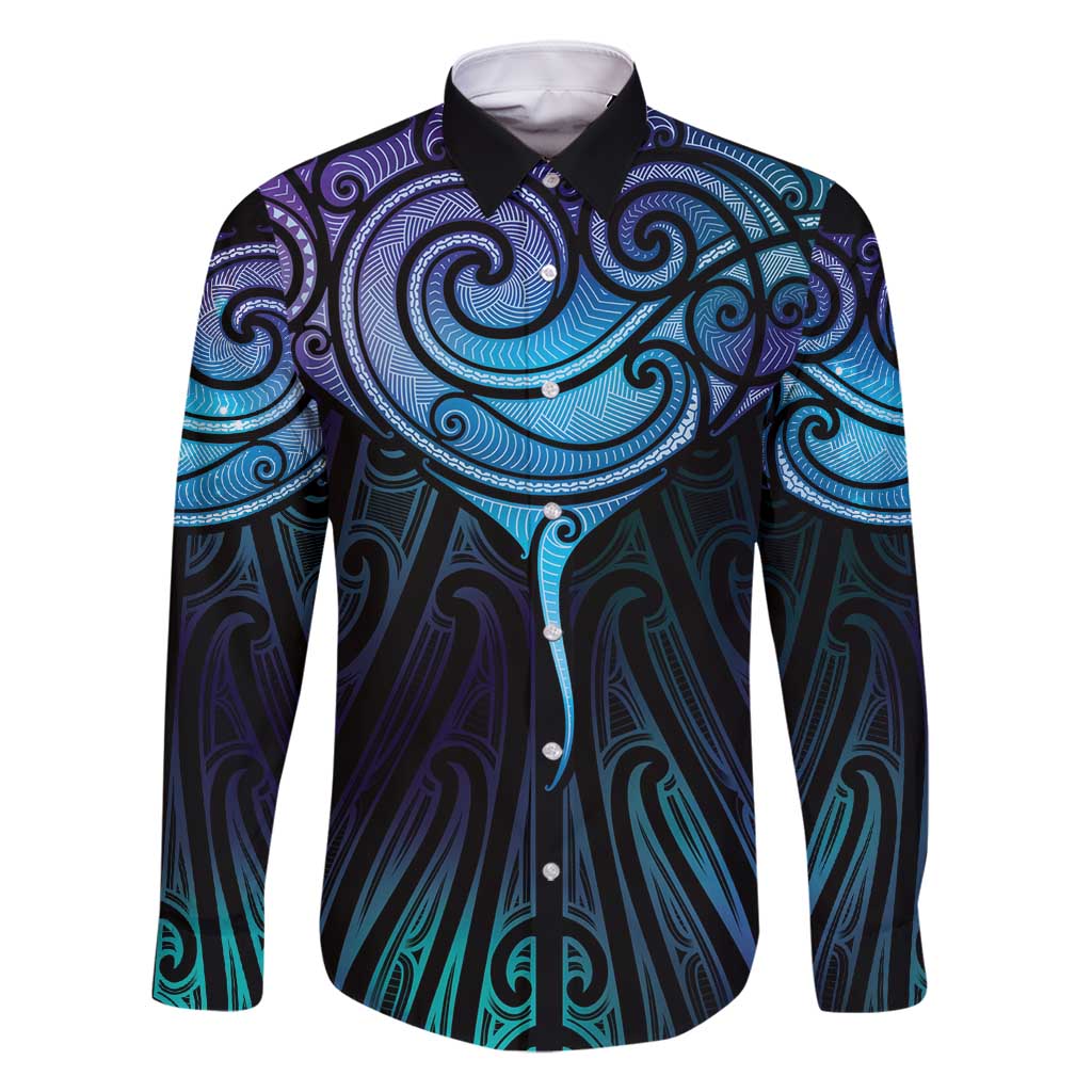 Aotearoa Maori Te Whai Rahi Family Matching Off Shoulder Maxi Dress and Hawaiian Shirt Tala - Nowhere You Could Go That I Won't Be With You LT7 Dad's Shirt - Long Sleeve Teal Purple - Polynesian Pride