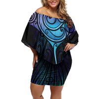 Aotearoa Maori Te Whai Rahi Family Matching Off Shoulder Short Dress and Hawaiian Shirt Tala - Nowhere You Could Go That I Won't Be With You LT7 Mom's Dress Teal Purple - Polynesian Pride