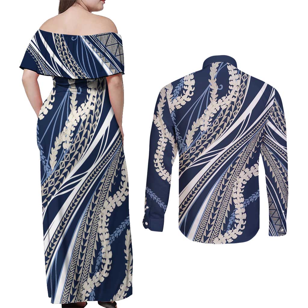 Polynesian Puakeniken Pikake Twisted Lei Couples Matching Off Shoulder Maxi Dress and Long Sleeve Button Shirt Navy Blue - Polynesian Pride
