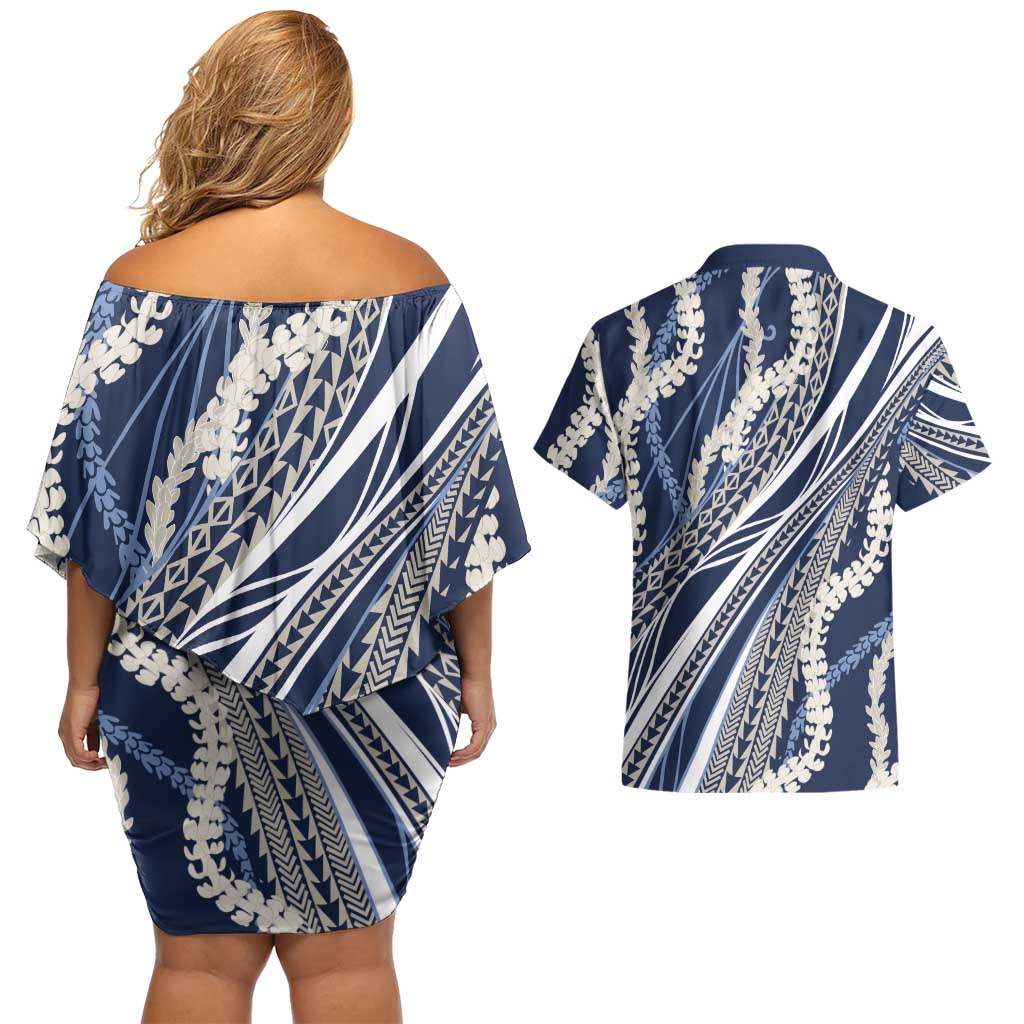 Polynesian Puakeniken Pikake Twisted Lei Couples Matching Off Shoulder Short Dress and Hawaiian Shirt Navy Blue - Polynesian Pride