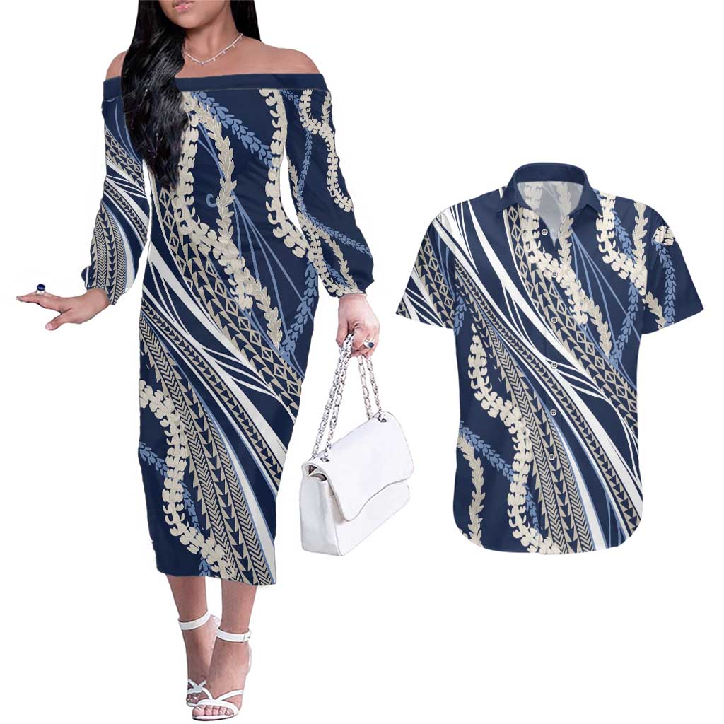 Polynesian Puakeniken Pikake Twisted Lei Couples Matching Off The Shoulder Long Sleeve Dress and Hawaiian Shirt Navy Blue - Polynesian Pride