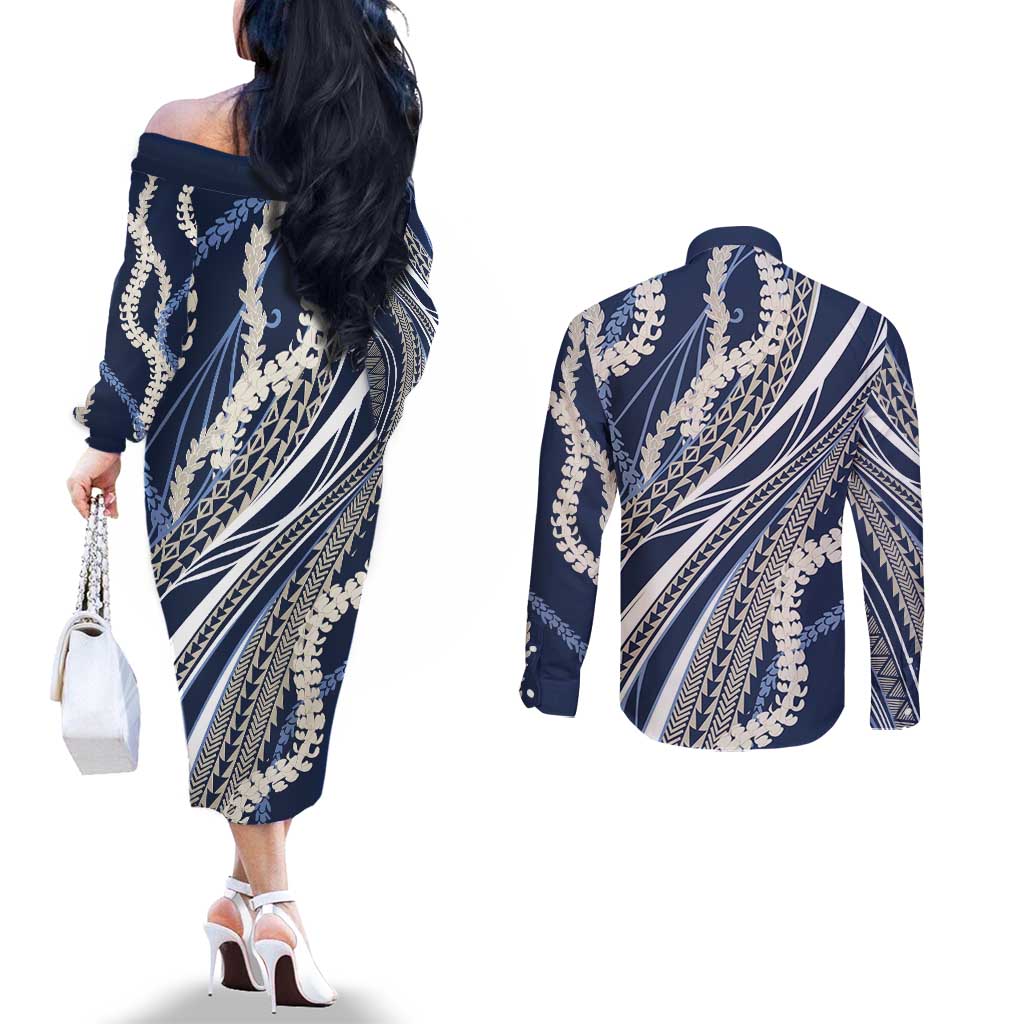 Polynesian Puakeniken Pikake Twisted Lei Couples Matching Off The Shoulder Long Sleeve Dress and Long Sleeve Button Shirt Navy Blue - Polynesian Pride