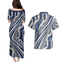Polynesian Puakeniken Pikake Twisted Lei Couples Matching Puletasi and Hawaiian Shirt Navy Blue - Polynesian Pride