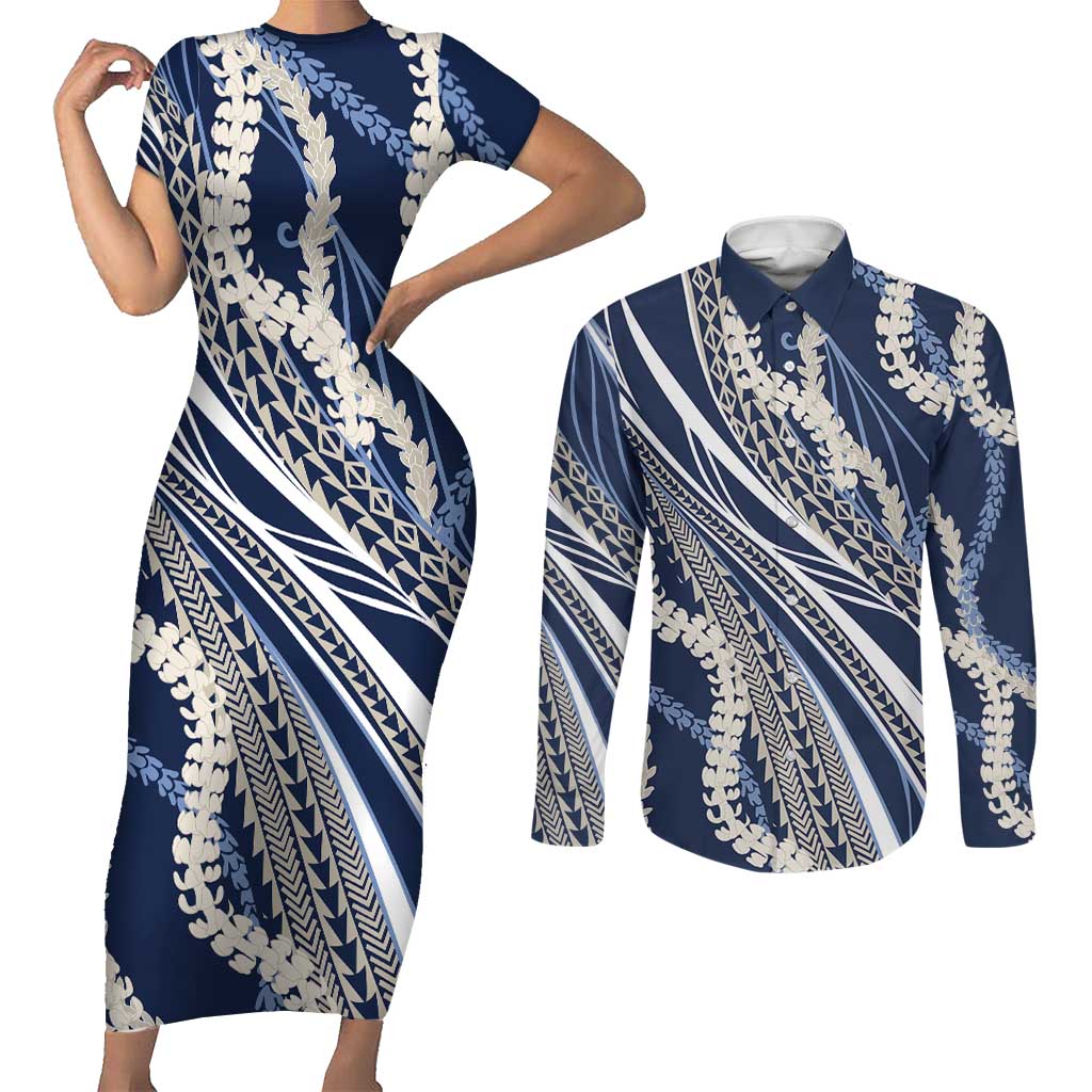 Polynesian Puakeniken Pikake Twisted Lei Couples Matching Short Sleeve Bodycon Dress and Long Sleeve Button Shirt Navy Blue - Polynesian Pride