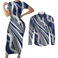 Polynesian Puakeniken Pikake Twisted Lei Couples Matching Short Sleeve Bodycon Dress and Long Sleeve Button Shirt Navy Blue - Polynesian Pride