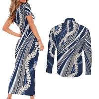 Polynesian Puakeniken Pikake Twisted Lei Couples Matching Short Sleeve Bodycon Dress and Long Sleeve Button Shirt Navy Blue - Polynesian Pride