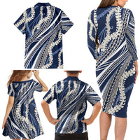 Polynesian Puakeniken Pikake Twisted Lei Family Matching Long Sleeve Bodycon Dress and Hawaiian Shirt Navy Blue LT7 - Polynesian Pride