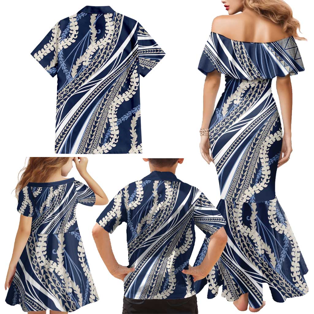 Polynesian Puakeniken Pikake Twisted Lei Family Matching Mermaid Dress and Hawaiian Shirt Navy Blue LT7 - Polynesian Pride