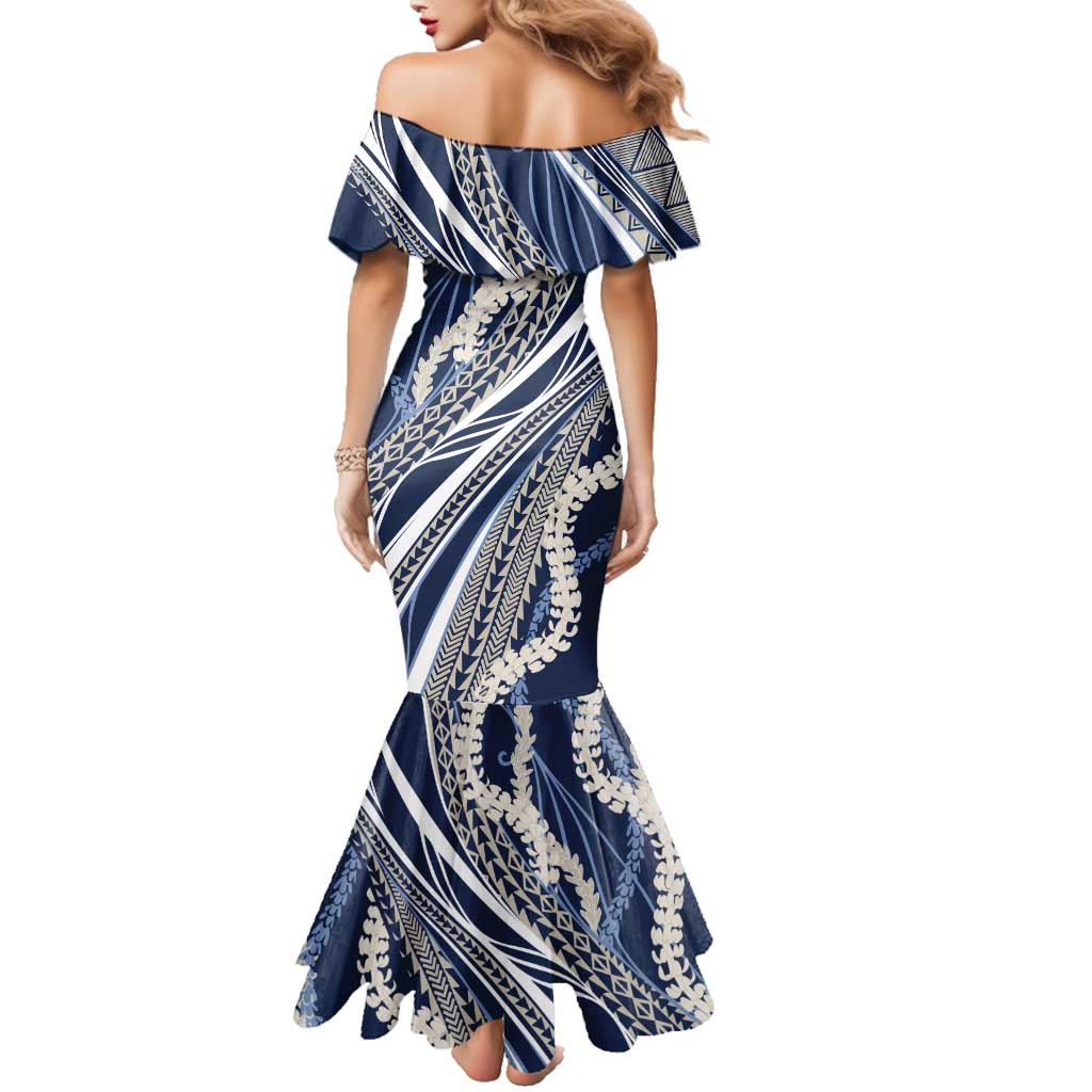 Polynesian Puakeniken Pikake Twisted Lei Family Matching Mermaid Dress and Hawaiian Shirt Navy Blue LT7 - Polynesian Pride