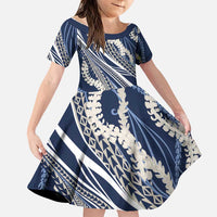 Polynesian Puakeniken Pikake Twisted Lei Family Matching Off Shoulder Maxi Dress and Hawaiian Shirt Navy Blue LT7 Daughter's Dress Navy Blue - Polynesian Pride