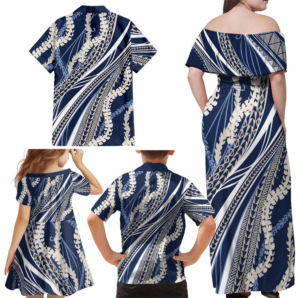 Polynesian Puakeniken Pikake Twisted Lei Family Matching Off Shoulder Maxi Dress and Hawaiian Shirt Navy Blue LT7 - Polynesian Pride