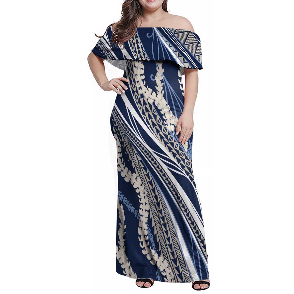 Polynesian Puakeniken Pikake Twisted Lei Family Matching Off Shoulder Maxi Dress and Hawaiian Shirt Navy Blue LT7 Mom's Dress Navy Blue - Polynesian Pride
