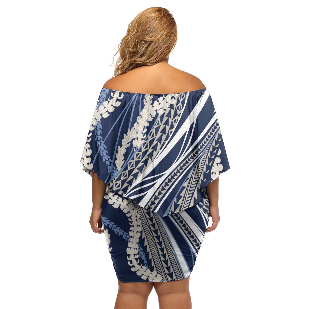Polynesian Puakeniken Pikake Twisted Lei Family Matching Off Shoulder Short Dress and Hawaiian Shirt Navy Blue LT7 - Polynesian Pride