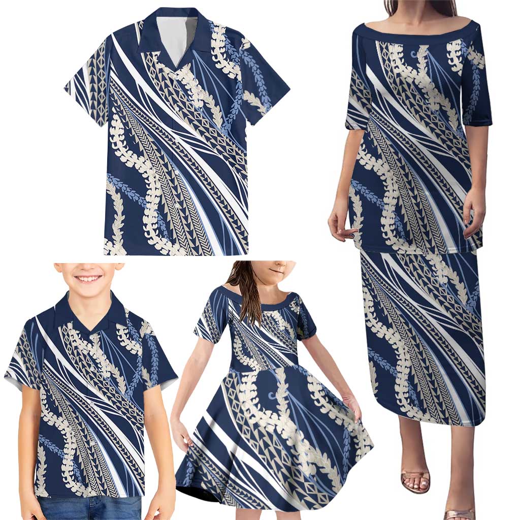 Polynesian Puakeniken Pikake Twisted Lei Family Matching Puletasi and Hawaiian Shirt Navy Blue - Polynesian Pride