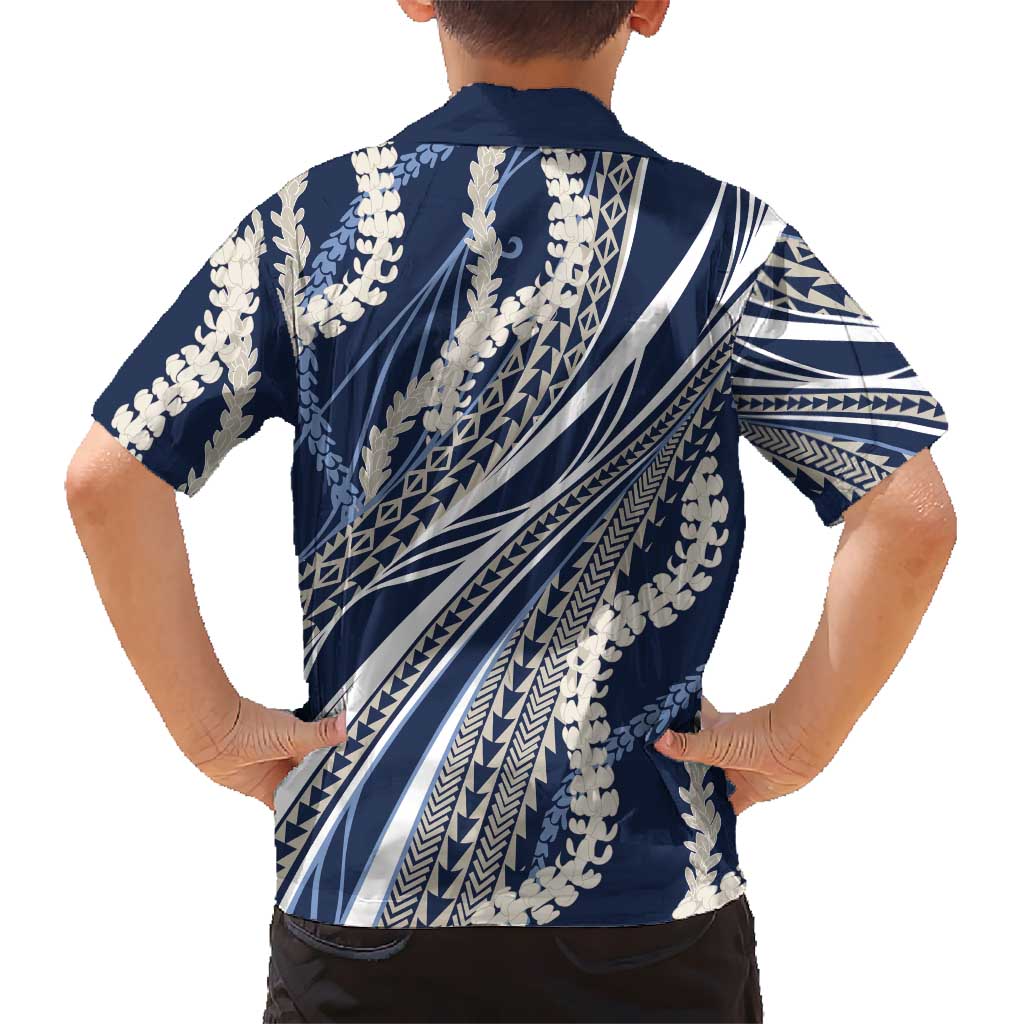 Polynesian Puakeniken Pikake Twisted Lei Family Matching Short Sleeve Bodycon Dress and Hawaiian Shirt Navy Blue LT7 - Polynesian Pride