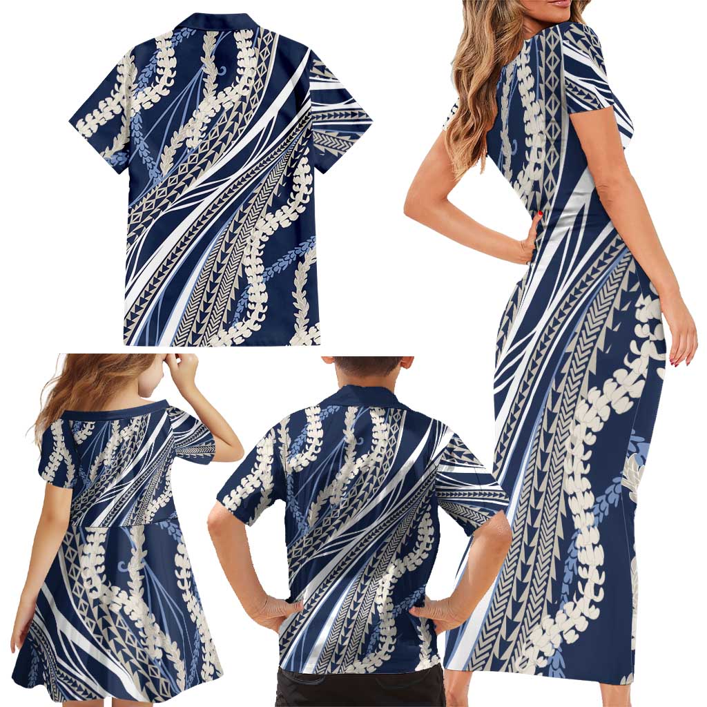 Polynesian Puakeniken Pikake Twisted Lei Family Matching Short Sleeve Bodycon Dress and Hawaiian Shirt Navy Blue LT7 - Polynesian Pride