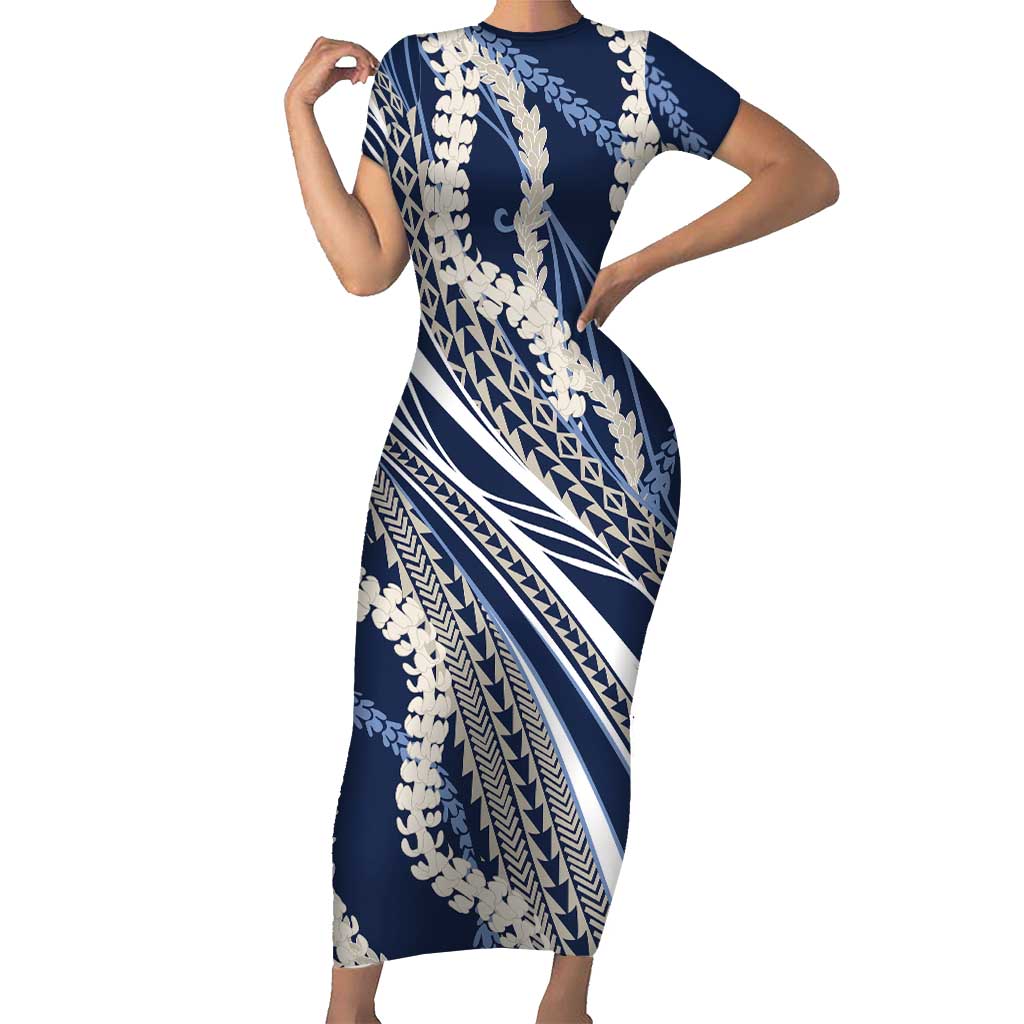 Polynesian Puakeniken Pikake Twisted Lei Family Matching Short Sleeve Bodycon Dress and Hawaiian Shirt Navy Blue LT7 Mom's Dress Navy Blue - Polynesian Pride