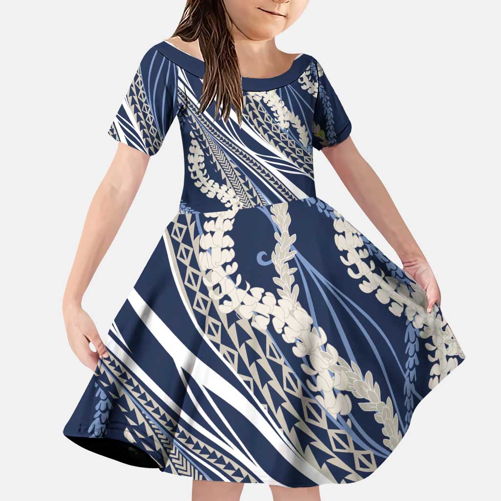 Polynesian Puakeniken Pikake Twisted Lei Family Matching Summer Maxi Dress and Hawaiian Shirt Navy Blue LT7 Daughter's Dress Navy Blue - Polynesian Pride