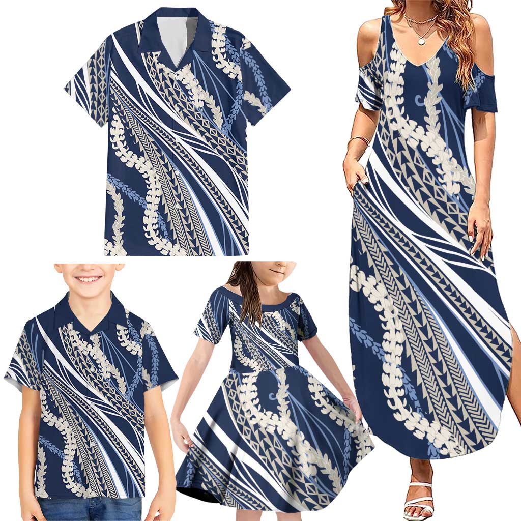 Polynesian Puakeniken Pikake Twisted Lei Family Matching Summer Maxi Dress and Hawaiian Shirt Navy Blue LT7 - Polynesian Pride