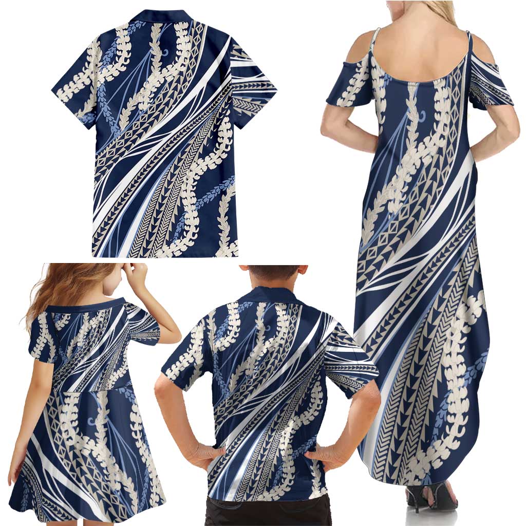 Polynesian Puakeniken Pikake Twisted Lei Family Matching Summer Maxi Dress and Hawaiian Shirt Navy Blue LT7 - Polynesian Pride