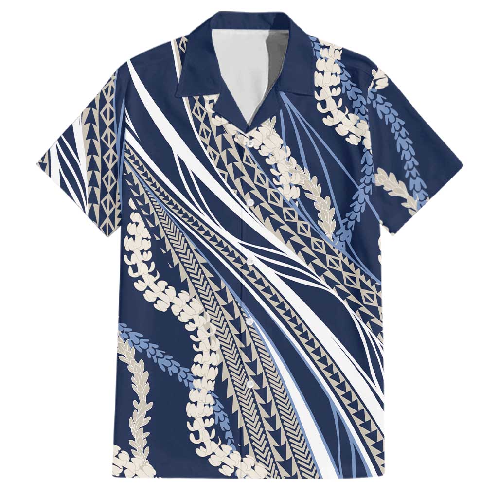 Polynesian Puakeniken Pikake Twisted Lei Family Matching Summer Maxi Dress and Hawaiian Shirt Navy Blue LT7 Dad's Shirt - Short Sleeve Navy Blue - Polynesian Pride