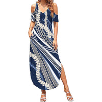 Polynesian Puakeniken Pikake Twisted Lei Family Matching Summer Maxi Dress and Hawaiian Shirt Navy Blue LT7 Mom's Dress Navy Blue - Polynesian Pride