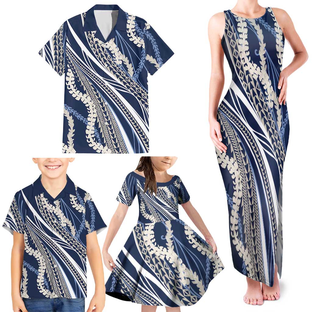 Polynesian Puakeniken Pikake Twisted Lei Family Matching Tank Maxi Dress and Hawaiian Shirt Navy Blue LT7 - Polynesian Pride