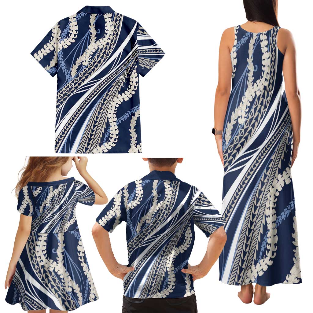 Polynesian Puakeniken Pikake Twisted Lei Family Matching Tank Maxi Dress and Hawaiian Shirt Navy Blue LT7 - Polynesian Pride