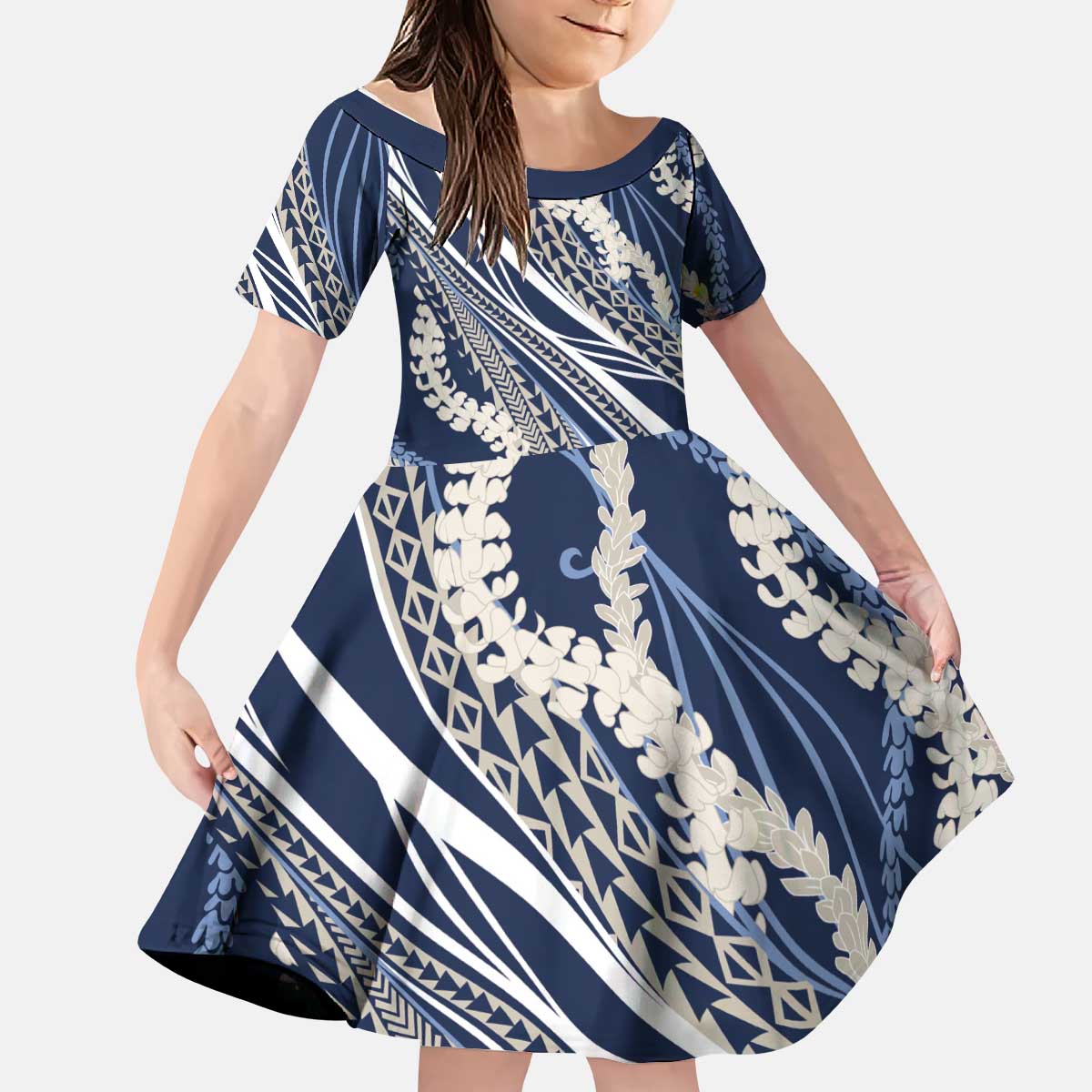 Polynesian Puakeniken Pikake Twisted Lei Kid Short Sleeve Dress Navy Blue - Polynesian Pride