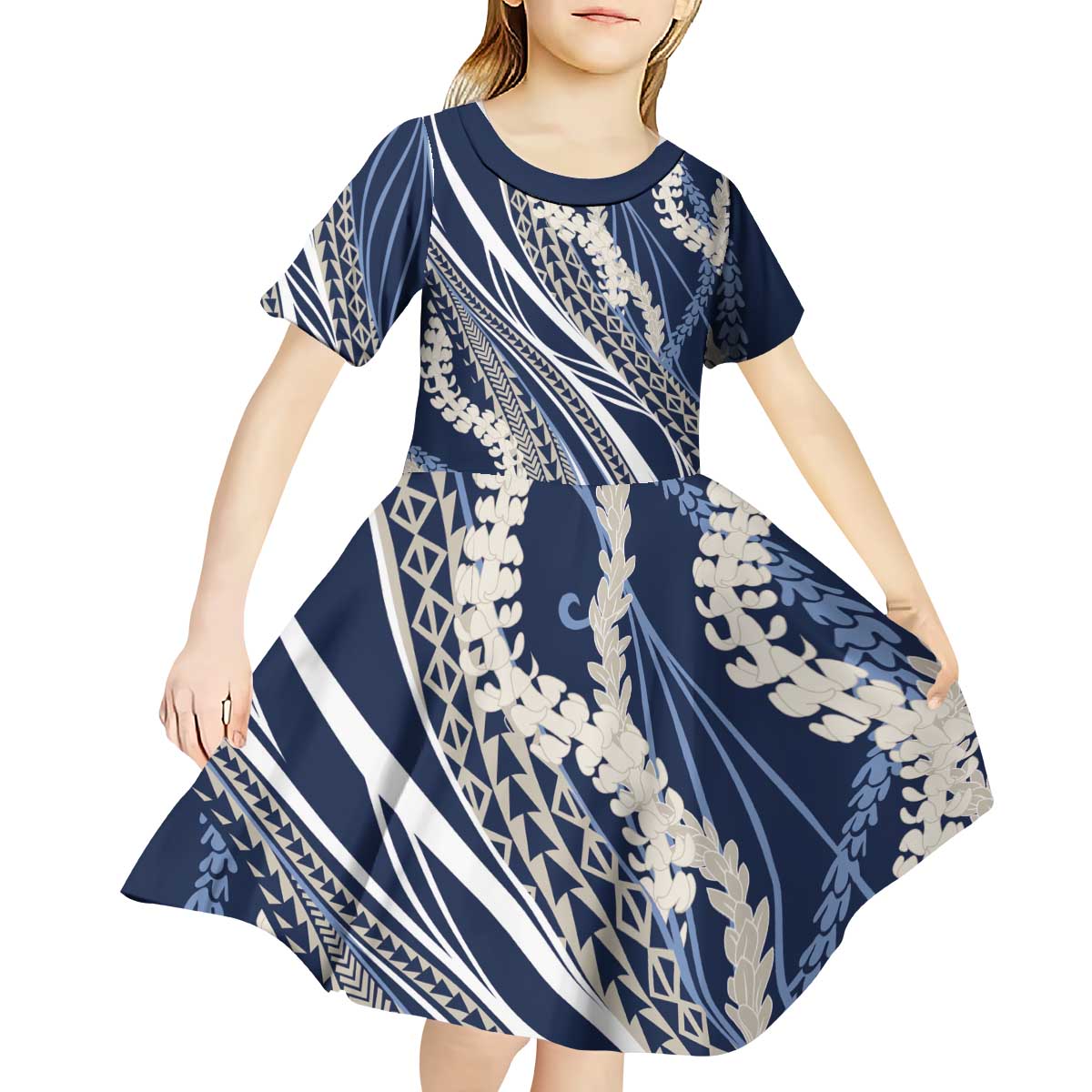 Polynesian Puakeniken Pikake Twisted Lei Kid Short Sleeve Dress Navy Blue - Polynesian Pride