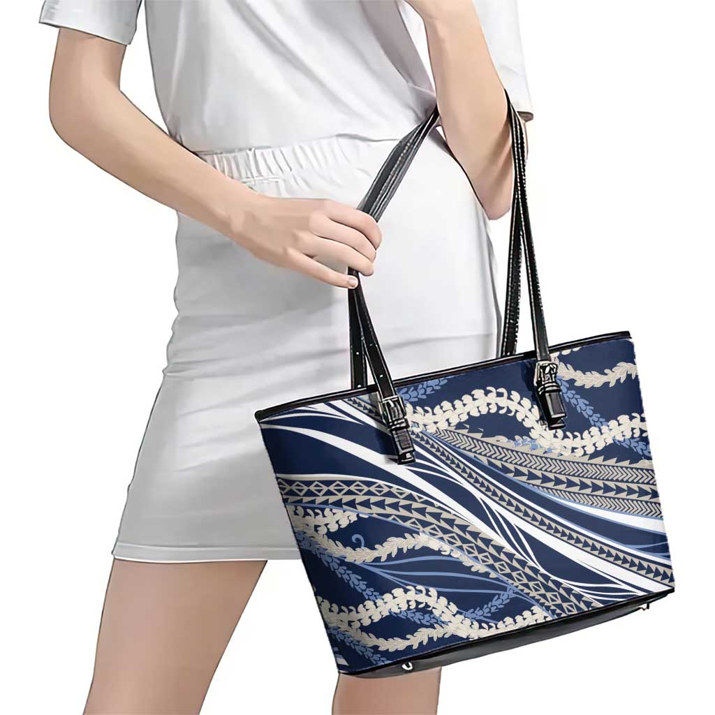 Polynesian Puakeniken Pikake Twisted Lei Leather Tote Bag Navy Blue - Polynesian Pride