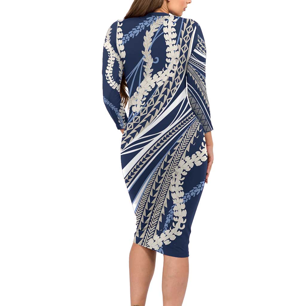 Polynesian Puakeniken Pikake Twisted Lei Long Sleeve Bodycon Dress Navy Blue - Polynesian Pride