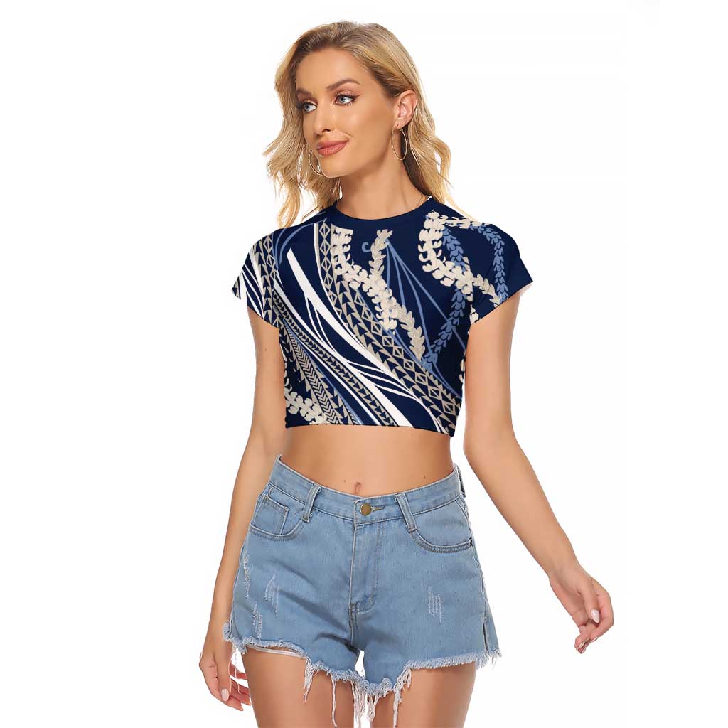 Polynesian Puakeniken Pikake Twisted Lei Raglan Cropped T Shirt Navy Blue - Polynesian Pride