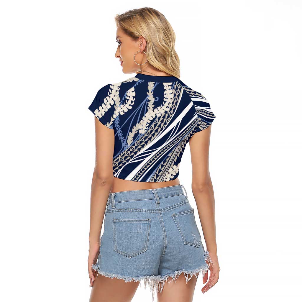 Polynesian Puakeniken Pikake Twisted Lei Raglan Cropped T Shirt Navy Blue - Polynesian Pride