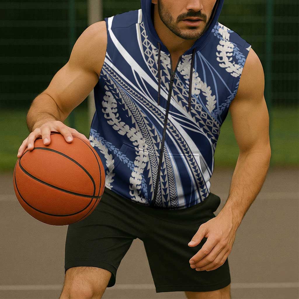 Polynesian Puakeniken Pikake Twisted Lei Sleeveless Zip Hoodie Navy Blue - Polynesian Pride