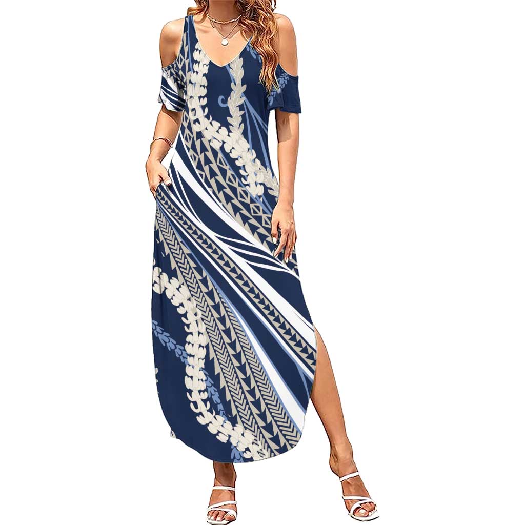 Polynesian Puakeniken Pikake Twisted Lei Summer Maxi Dress Navy Blue - Polynesian Pride