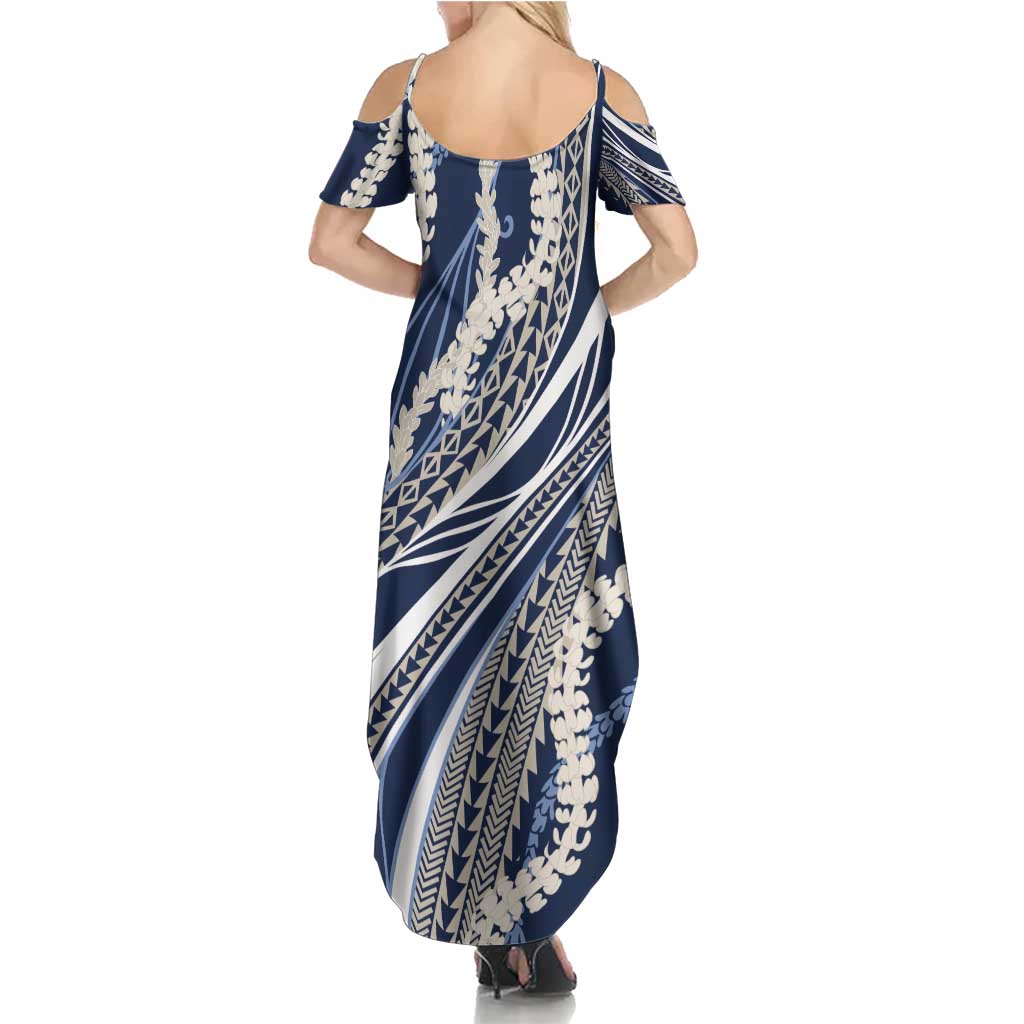 Polynesian Puakeniken Pikake Twisted Lei Summer Maxi Dress Navy Blue - Polynesian Pride