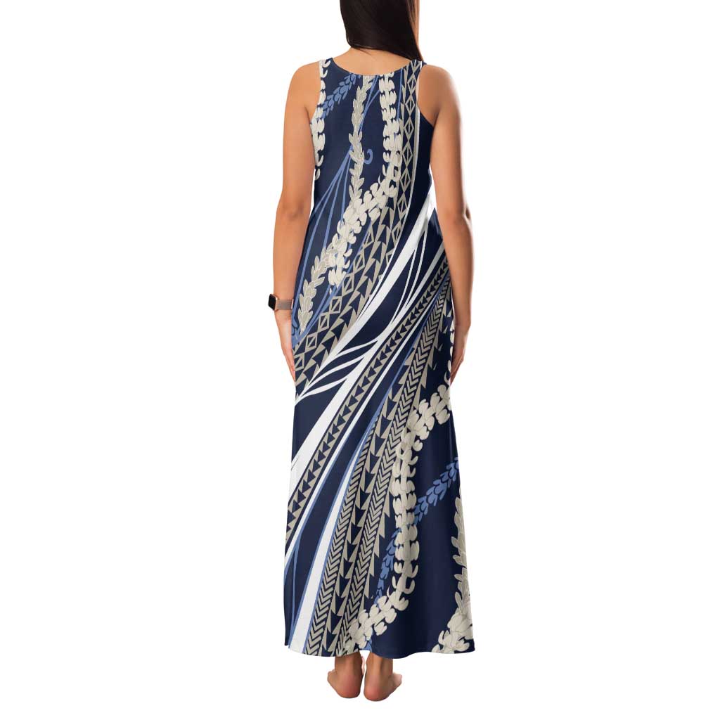 Polynesian Puakeniken Pikake Twisted Lei Tank Maxi Dress Navy Blue - Polynesian Pride