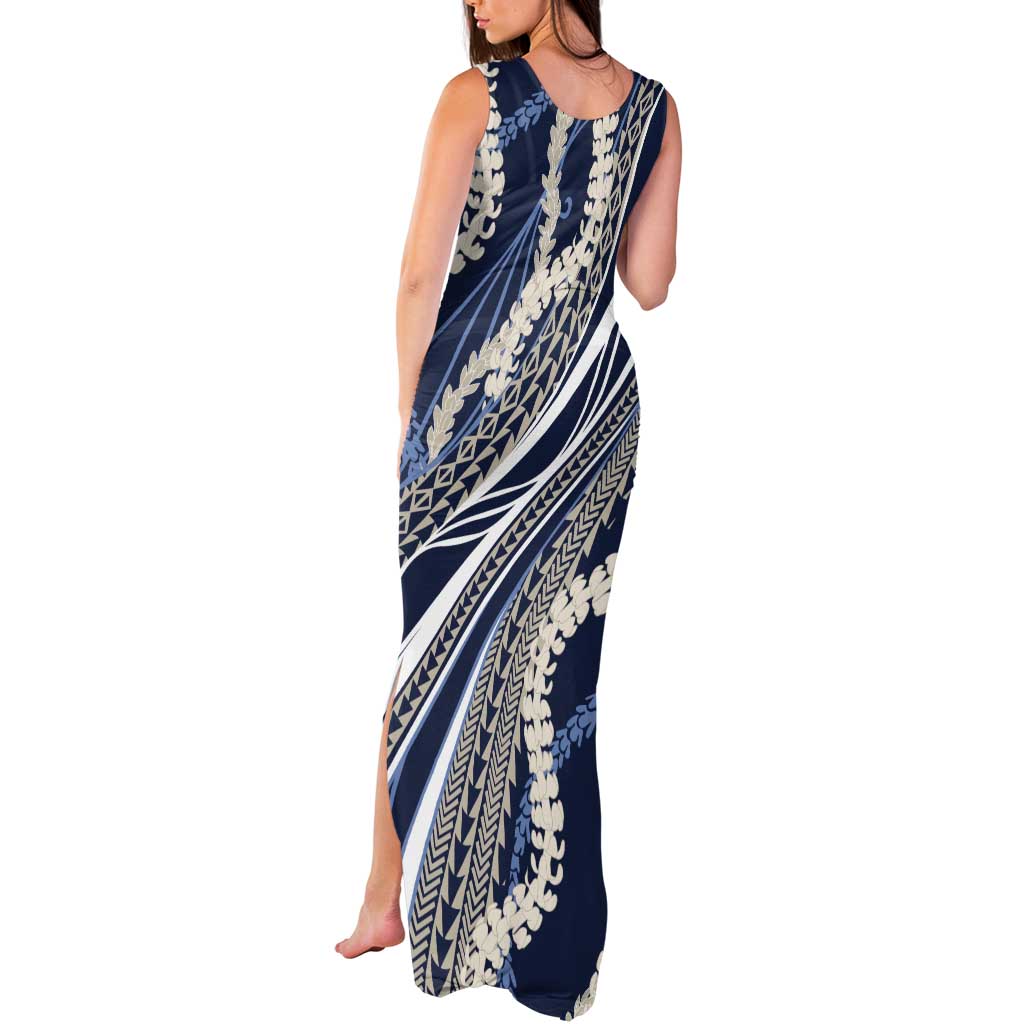 Polynesian Puakeniken Pikake Twisted Lei Tank Maxi Dress Navy Blue - Polynesian Pride