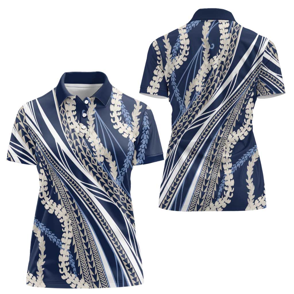 Polynesian Puakeniken Pikake Twisted Lei Women Polo Shirt Navy Blue - Polynesian Pride