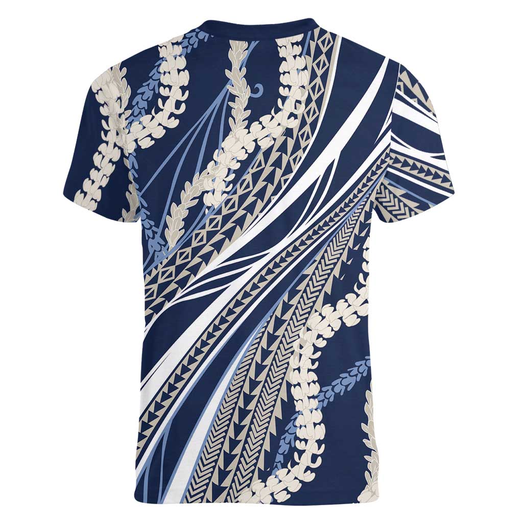 Polynesian Puakeniken Pikake Twisted Lei Women V-Neck T-Shirt Navy Blue - Polynesian Pride